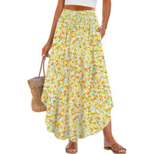 ANRABESS Women’s Maxi Skirts Summer Boho Floral High Waisted Flowy Swing Pleated Beach Long Skirt with Pockets(Floral Red Yellow)
