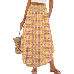 ANRABESS Women’s Maxi Skirts Summer Boho Floral High Waisted Flowy Swing Pleated Beach Long Skirt with Pockets(Floral Yellow Purple)