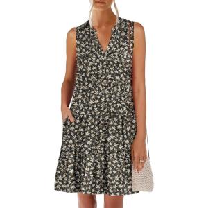 ANRABESS Womens Mini Dresses Sleeveless V Neck Tiered Swing Going Out Beach Vacation Sundress 2025 Summer Casual Outfits(Black White Floral)