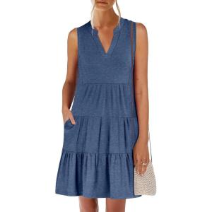 ANRABESS Womens Mini Dresses Sleeveless V Neck Tiered Swing Going Out Beach Vacation Sundress 2025 Summer Casual Outfits(Blue)