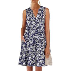 ANRABESS Womens Mini Dresses Sleeveless V Neck Tiered Swing Going Out Beach Vacation Sundress 2025 Summer Casual Outfits(Blue White Floral)