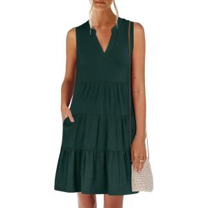 ANRABESS Womens Mini Dresses Sleeveless V Neck Tiered Swing Going Out Beach Vacation Sundress 2025 Summer Casual Outfits(Deep Green)