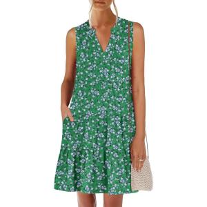 ANRABESS Womens Mini Dresses Sleeveless V Neck Tiered Swing Going Out Beach Vacation Sundress 2025 Summer Casual Outfits(Green White Purple Floral)