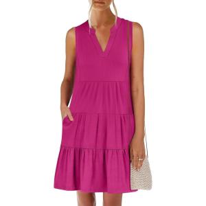 ANRABESS Womens Mini Dresses Sleeveless V Neck Tiered Swing Going Out Beach Vacation Sundress 2025 Summer Casual Outfits(Hot Pink)