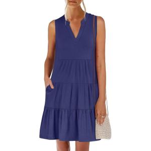 ANRABESS Womens Mini Dresses Sleeveless V Neck Tiered Swing Going Out Beach Vacation Sundress 2025 Summer Casual Outfits(Navy Blue)