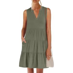 ANRABESS Womens Mini Dresses Sleeveless V Neck Tiered Swing Going Out Beach Vacation Sundress 2025 Summer Casual Outfits(Olive)
