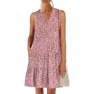 ANRABESS Womens Mini Dresses Sleeveless V Neck Tiered Swing Going Out Beach Vacation Sundress 2025 Summer Casual Outfits(Pink Dot Floral)