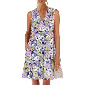 ANRABESS Womens Mini Dresses Sleeveless V Neck Tiered Swing Going Out Beach Vacation Sundress 2025 Summer Casual Outfits(Purple Floral)