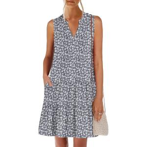 ANRABESS Womens Mini Dresses Sleeveless V Neck Tiered Swing Going Out Beach Vacation Sundress 2025 Summer Casual Outfits(White Floral)