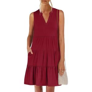 ANRABESS Womens Mini Dresses Sleeveless V Neck Tiered Swing Going Out Beach Vacation Sundress 2025 Summer Casual Outfits(Wine Red)