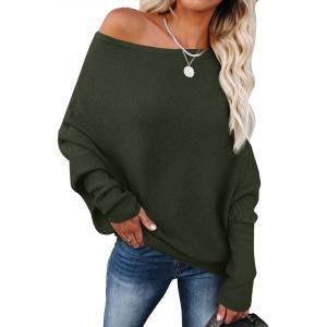 ANRABESS Womens Off Shoulder Sweaters 2025 Fall Long Batwing Sleeve Loose Fit Knit Tops Casual Pullovers Jumpers(Army Green)
