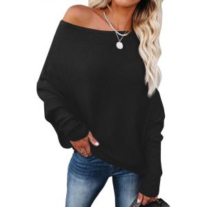 ANRABESS Womens Off Shoulder Sweaters 2025 Fall Long Batwing Sleeve Loose Fit Knit Tops Casual Pullovers Jumpers(Black)