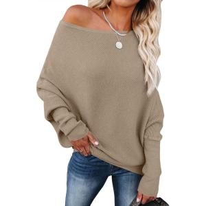 ANRABESS Womens Off Shoulder Sweaters 2025 Fall Long Batwing Sleeve Loose Fit Knit Tops Casual Pullovers Jumpers(Bright Tan)