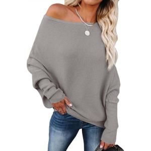 ANRABESS Womens Off Shoulder Sweaters 2025 Fall Long Batwing Sleeve Loose Fit Knit Tops Casual Pullovers Jumpers(Gray Apricot)