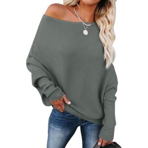 ANRABESS Womens Off Shoulder Sweaters 2025 Fall Long Batwing Sleeve Loose Fit Knit Tops Casual Pullovers Jumpers(Grey Green)