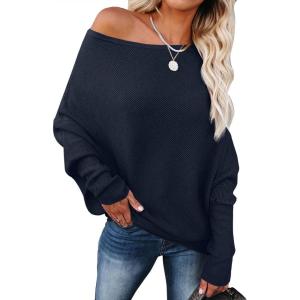 ANRABESS Womens Off Shoulder Sweaters 2025 Fall Long Batwing Sleeve Loose Fit Knit Tops Casual Pullovers Jumpers(Navy Blue)
