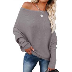 ANRABESS Womens Off Shoulder Sweaters 2025 Fall Long Batwing Sleeve Loose Fit Knit Tops Casual Pullovers Jumpers(Purple Taupe)