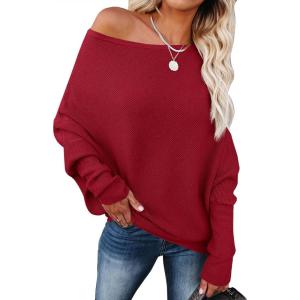 ANRABESS Womens Off Shoulder Sweaters 2025 Fall Long Batwing Sleeve Loose Fit Knit Tops Casual Pullovers Jumpers(Red)