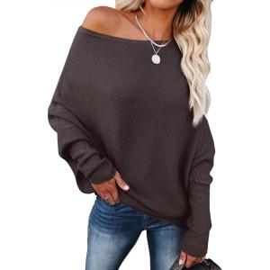 ANRABESS Womens Off Shoulder Sweaters 2025 Fall Long Batwing Sleeve Loose Fit Knit Tops Casual Pullovers Jumpers(Red Coffee)