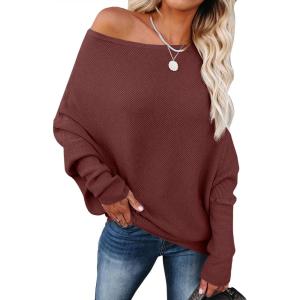 ANRABESS Womens Off Shoulder Sweaters 2025 Fall Long Batwing Sleeve Loose Fit Knit Tops Casual Pullovers Jumpers(Rust)