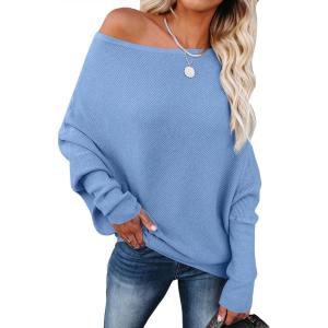 ANRABESS Womens Off Shoulder Sweaters 2025 Fall Long Batwing Sleeve Loose Fit Knit Tops Casual Pullovers Jumpers(Sky)