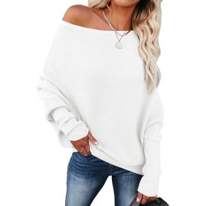 ANRABESS Womens Off Shoulder Sweaters 2025 Fall Long Batwing Sleeve Loose Fit Knit Tops Casual Pullovers Jumpers(White)