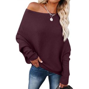 ANRABESS Womens Off Shoulder Sweaters 2025 Fall Long Batwing Sleeve Loose Fit Knit Tops Casual Pullovers Jumpers(Wine Red)