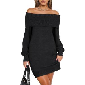 ANRABESS Womens Off The Shoulder Sweater Dress Casual Loose Knit 2025 Fall Winter Trendy Long Sleeve Pullover Mini Dresses(Black)