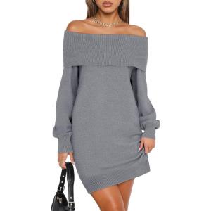ANRABESS Womens Off The Shoulder Sweater Dress Casual Loose Knit 2025 Fall Winter Trendy Long Sleeve Pullover Mini Dresses(Grey)
