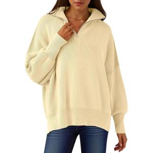 ANRABESS Women’s Oversized Fashion Long Sleeve Quarter Zip Baggy Loose Slouchy Sweater Pullover Tops 2025 Fall Outfits(Apricot)