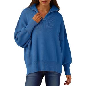 ANRABESS Women’s Oversized Fashion Long Sleeve Quarter Zip Baggy Loose Slouchy Sweater Pullover Tops 2025 Fall Outfits(Blue)