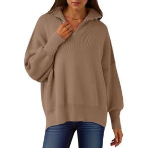 ANRABESS Women’s Oversized Fashion Long Sleeve Quarter Zip Baggy Loose Slouchy Sweater Pullover Tops 2025 Fall Outfits(Brown)