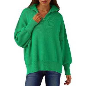ANRABESS Women’s Oversized Fashion Long Sleeve Quarter Zip Baggy Loose Slouchy Sweater Pullover Tops 2025 Fall Outfits(Green)