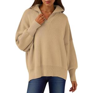 ANRABESS Women’s Oversized Fashion Long Sleeve Quarter Zip Baggy Loose Slouchy Sweater Pullover Tops 2025 Fall Outfits(Khaki)