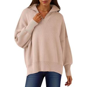 ANRABESS Women’s Oversized Fashion Long Sleeve Quarter Zip Baggy Loose Slouchy Sweater Pullover Tops 2025 Fall Outfits(Pink)