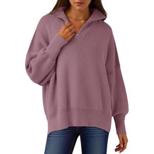ANRABESS Women’s Oversized Fashion Long Sleeve Quarter Zip Baggy Loose Slouchy Sweater Pullover Tops 2025 Fall Outfits(Purple)