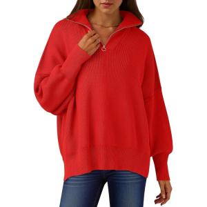 ANRABESS Women’s Oversized Fashion Long Sleeve Quarter Zip Baggy Loose Slouchy Sweater Pullover Tops 2025 Fall Outfits(Red)
