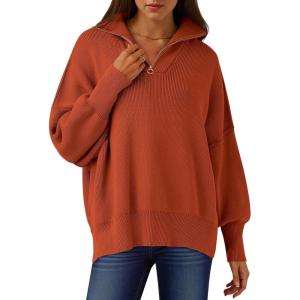 ANRABESS Women’s Oversized Fashion Long Sleeve Quarter Zip Baggy Loose Slouchy Sweater Pullover Tops 2025 Fall Outfits(Rust)