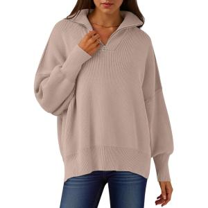 ANRABESS Women’s Oversized Fashion Long Sleeve Quarter Zip Baggy Loose Slouchy Sweater Pullover Tops 2025 Fall Outfits(Sand)