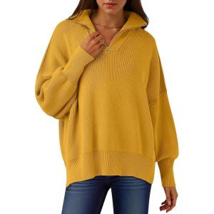 ANRABESS Women’s Oversized Fashion Long Sleeve Quarter Zip Baggy Loose Slouchy Sweater Pullover Tops 2025 Fall Outfits(Yellow)