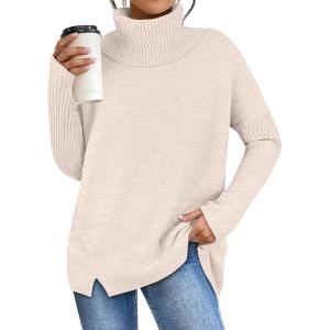 ANRABESS Women’s Oversized Sweater Turtleneck Long Sleeve Casual Knit Tunic Pullover Sweaters Tops 2025 Fall Winter Outfits(Almond)