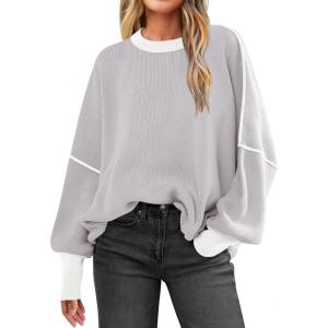 ANRABESS Womens Oversized Sweaters Fall 2025 Fashion Crewneck Batwing Long Sleeve Side Slit Knit Pullover Sweater Tops(Beige Grey)