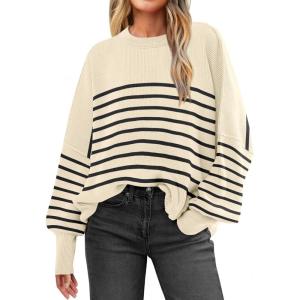 ANRABESS Womens Oversized Sweaters Fall 2025 Fashion Crewneck Batwing Long Sleeve Side Slit Knit Pullover Sweater Tops(Beige Stripe Black)