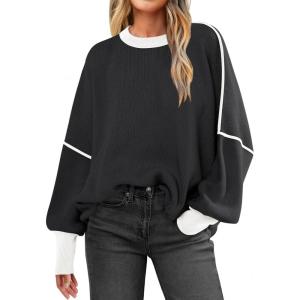 ANRABESS Womens Oversized Sweaters Fall 2025 Fashion Crewneck Batwing Long Sleeve Side Slit Knit Pullover Sweater Tops(Black)