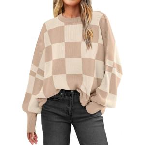 ANRABESS Womens Oversized Sweaters Fall 2025 Fashion Crewneck Batwing Long Sleeve Side Slit Knit Pullover Sweater Tops(Khaki Plaid)