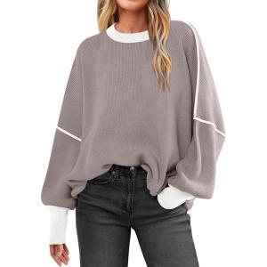 ANRABESS Womens Oversized Sweaters Fall 2025 Fashion Crewneck Batwing Long Sleeve Side Slit Knit Pullover Sweater Tops(Pink Apricot)