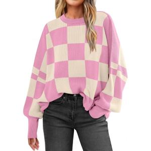 ANRABESS Womens Oversized Sweaters Fall 2025 Fashion Crewneck Batwing Long Sleeve Side Slit Knit Pullover Sweater Tops(Pink Plaid)