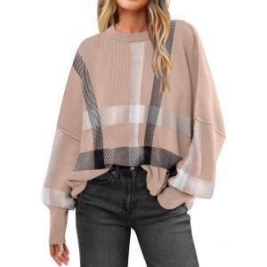 ANRABESS Womens Oversized Sweaters Fall 2025 Fashion Crewneck Batwing Long Sleeve Side Slit Knit Pullover Sweater Tops(Plaid Khaki)