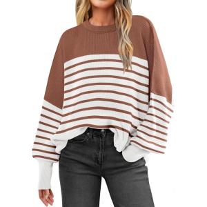 ANRABESS Womens Oversized Sweaters Fall 2025 Fashion Crewneck Batwing Long Sleeve Side Slit Knit Pullover Sweater Tops(Stripe Caramel)