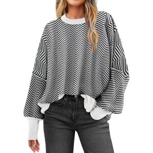 ANRABESS Womens Oversized Sweaters Fall 2025 Fashion Crewneck Batwing Long Sleeve Side Slit Knit Pullover Sweater Tops(Wave Black)